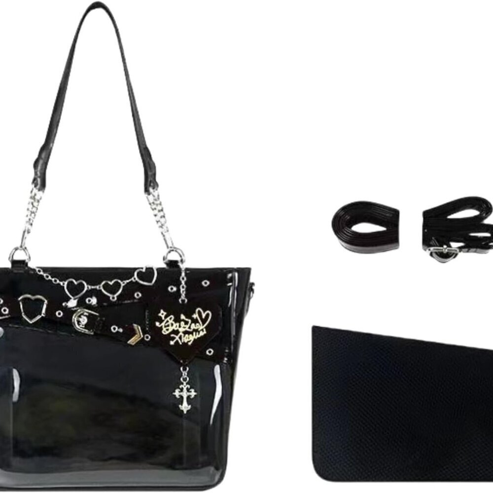 Black PU Leather Shoulder Bag Crossbody Big Capacity Handbag with Chain